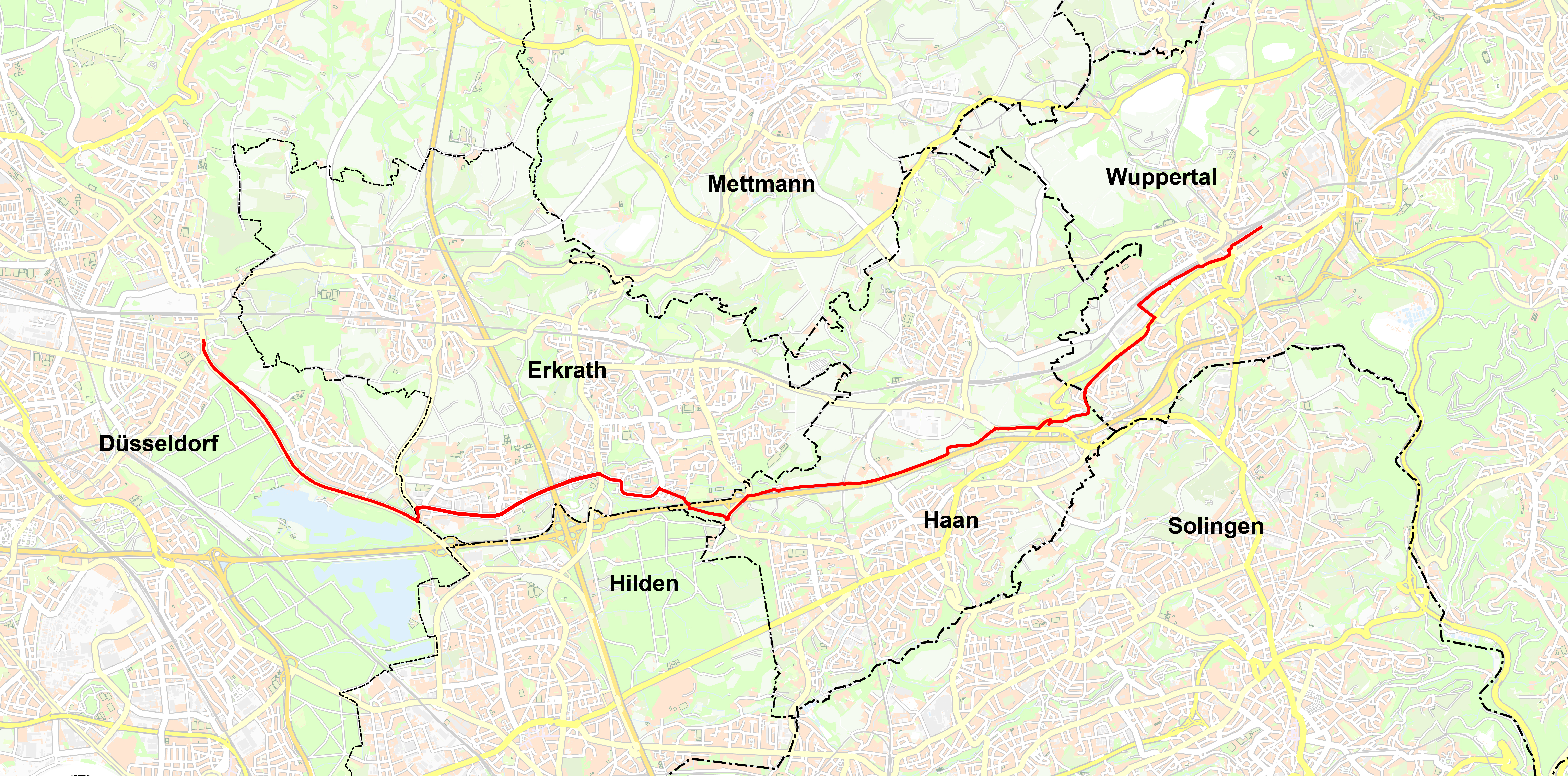 Verlauf der Veloroute Düsseldorf – Wuppertal nach dem Planungsstand der Machbarkeitsstudie. Grafik: Amt für Verkehrsmanagement