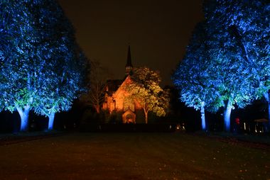 Die Stadt lädt an Allerheiligen auf den Nordfriedhof ein. Die Lindenallee am Haupteingang des Friedhofs, die Kapelle und ausgewählte Grabmale werden in verschiedenen Farben angestrahlt; Foto: Young