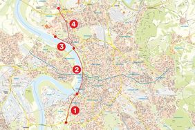 Übersichtskarte der Radleitroute 1 auf dem Düsseldorfer Stadtplan mit insgesamt 4 eingezeichneten Abschnitten