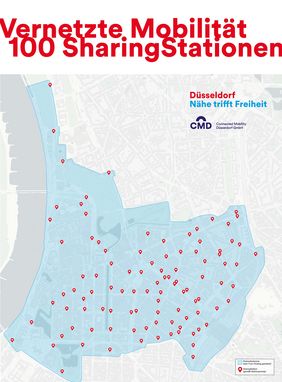 Die Grafik bietet eine Übersicht über die 100 Standorte der Düsseldorfer Sharing-Stationen. Grafik: Connected Mobility Düsseldorf