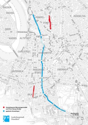 Die Grafik gibt eine Übersicht über die Umweltspuren, die im Stadtgebiet eingerichtet werden (rot) und die Umweltspur, die noch geprüft wird (blau). Grafik: Amt für Kommunikation 