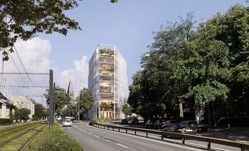Visualisierung des Siegerentwurfs von JSWD Architekten GmbH & Co. KG aus Köln, Perspektive eines Fußgängers