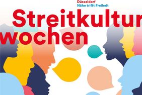 Auf dem Titelblatt des Flyers zu den Düsseldorfer Streitkulturwochen sind in bunten Farben schemenhafte Gesichtsprofile und Sprechblasen abgebildet. 