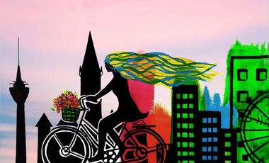 Illustration LUNA: Auf dem Bild ist eine Fahrradfahrerin vor der Silhouette Düsseldorfs zu sehen.