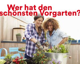 Plakatmotiv für Vorgartenwettbewerb mit zwei Damen beim Gärtnern