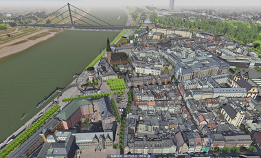 Düsseldorf in 3D – virtueller Flug über Düsseldorf jetzt noch realistischer. Neu sind das Level of Detail (LOD) Stufe 2 sowie alternative Kartengrundlagen, Vegetationsdarstellung, Dachformen und Fassadentexturierung.