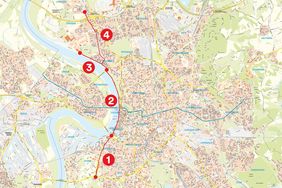 Zur effizienteren baulichen Umsetzung der gesamten Trasse wurde die Radleitroute 1 in vier Abschnitte unterteilt. Begonnen wird mit dem südlichsten  Abschnitt von der Rheinkniebrücke bis zum Südring. Grafik: Amt für Verkehrsmanagementhrsmanagement