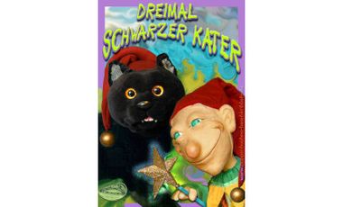 Werbeplakat der Puppenbühne mit Kasper und einem schwarzen Kater