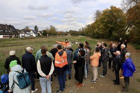 Vom naturnahen Ausbau im Bereich der Südlichen Düssel in Vennhausen machte sich Oberbürgermeister Dr. Stephan Keller am Montag, 28. Oktober, selbst ein Bild. Foto: Ingo Lammert