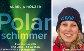 Collage aus Buchtitel: Aurelia Hölzer "Polarschimmer" und einer Portraitaufnahme von Aurelia Hölzer