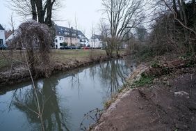 Der Stadtentwässerungsbetrieb baut an der Nördlichen Düssel entlang der Altenbergstraße in Grafenberg eine Hochwasserschutzwand aus Stahlbeton und legt eine 400 Quadratmeter große sogenannte Sekundäraue an. Foto: Michael Gstettenbauer