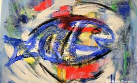 Gemälde mit Acrylfarben, das einen lächelnden Fisch darstellt