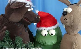 Foto mit drei Handpuppen: Bär, Frosch und Hase